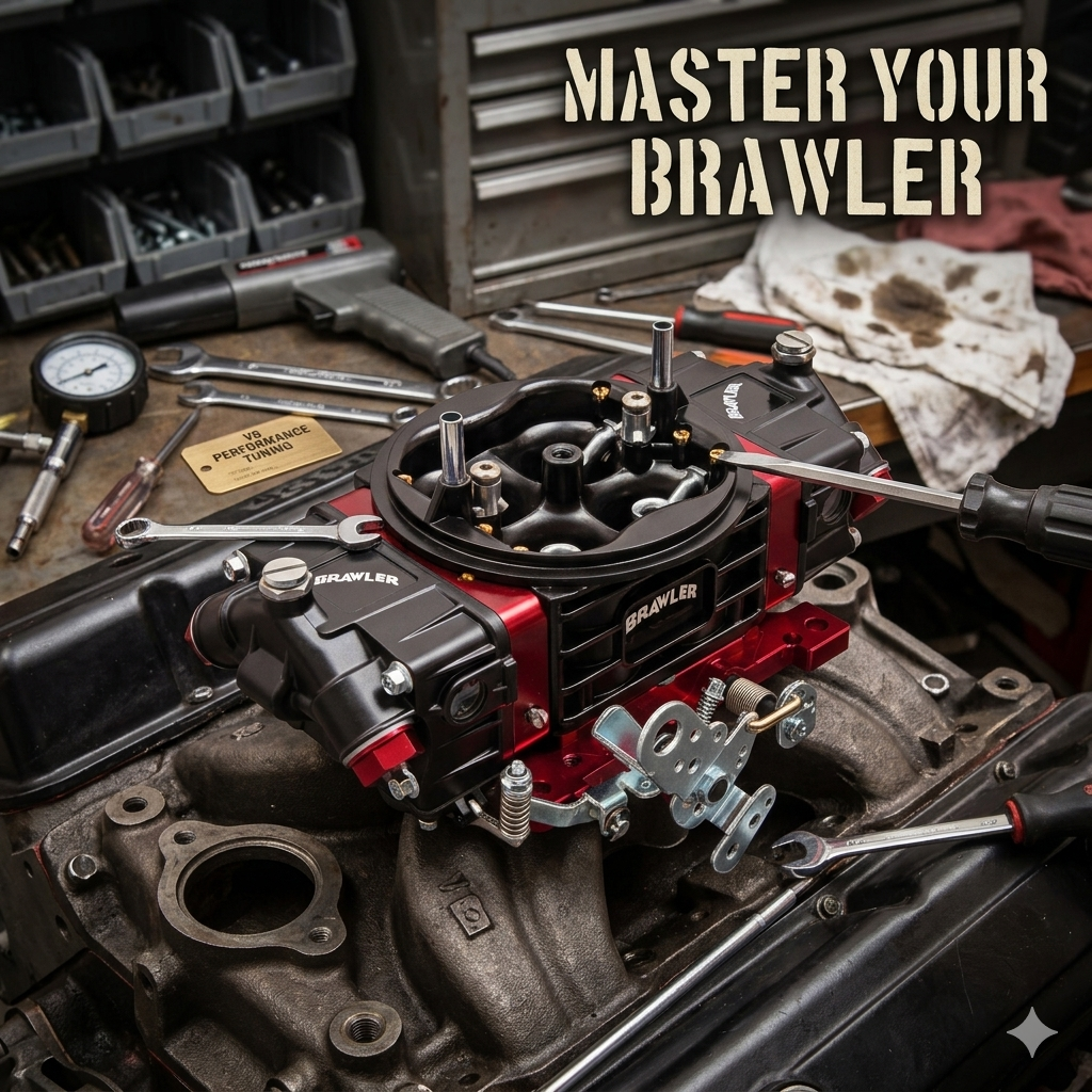 Detailansicht Holley-Style Vergaser: Metering-Block, Gemischschrauben und Accelerator-Pumpenhebel