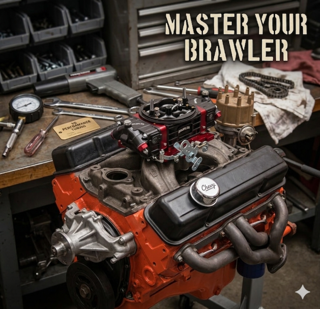 Holley Brawler Double Pumper auf US‑V8, markierte Einstellschrauben an Leerlauf, Pumpen und Düsen