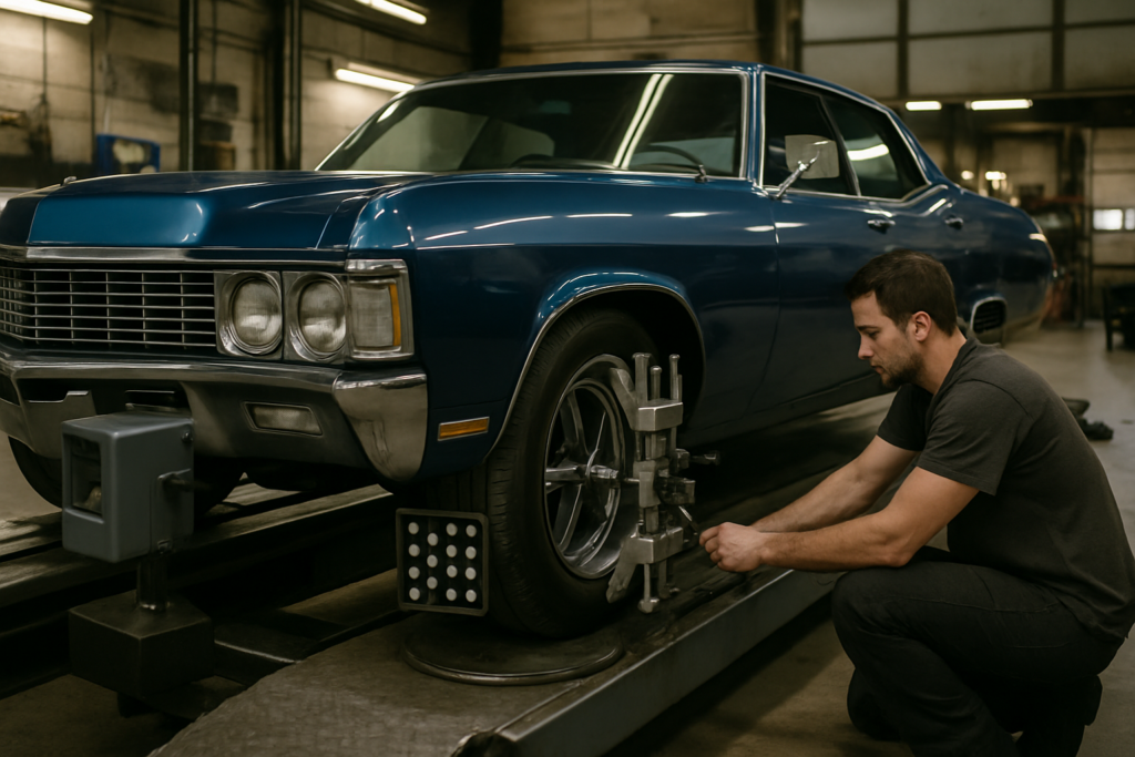 Achsvermessung an US-V8-Straßenkreuzer auf Richtbühne mit Lasersensoren