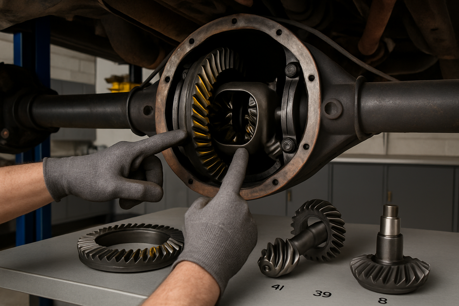 Werkstattansicht eines geöffneten Hinterachsdifferentials mit Ring- und Tellerrad zur Veranschaulichung der Übersetzungsänderung