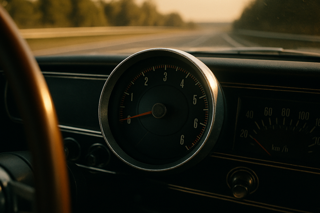 Innenansicht eines klassischen Dodge aus den 1960ern mit Drehzahlmesser bei knapp 3.000 U/min auf der Autobahn