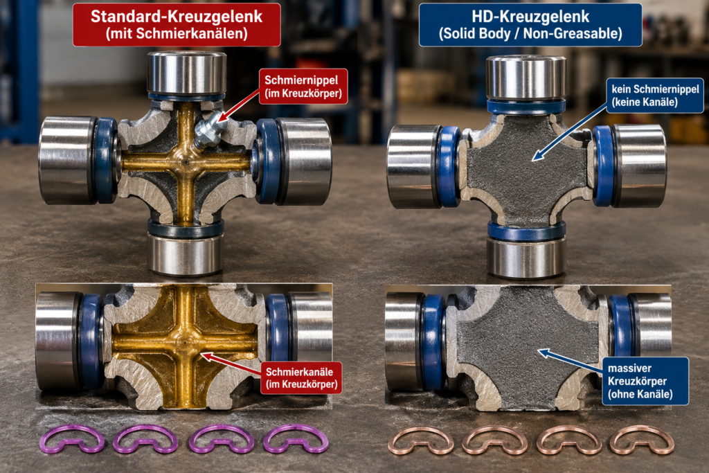 Abschmierbares Kreuzgelenk gegen Solid-Body-HD-Kreuzgelenk